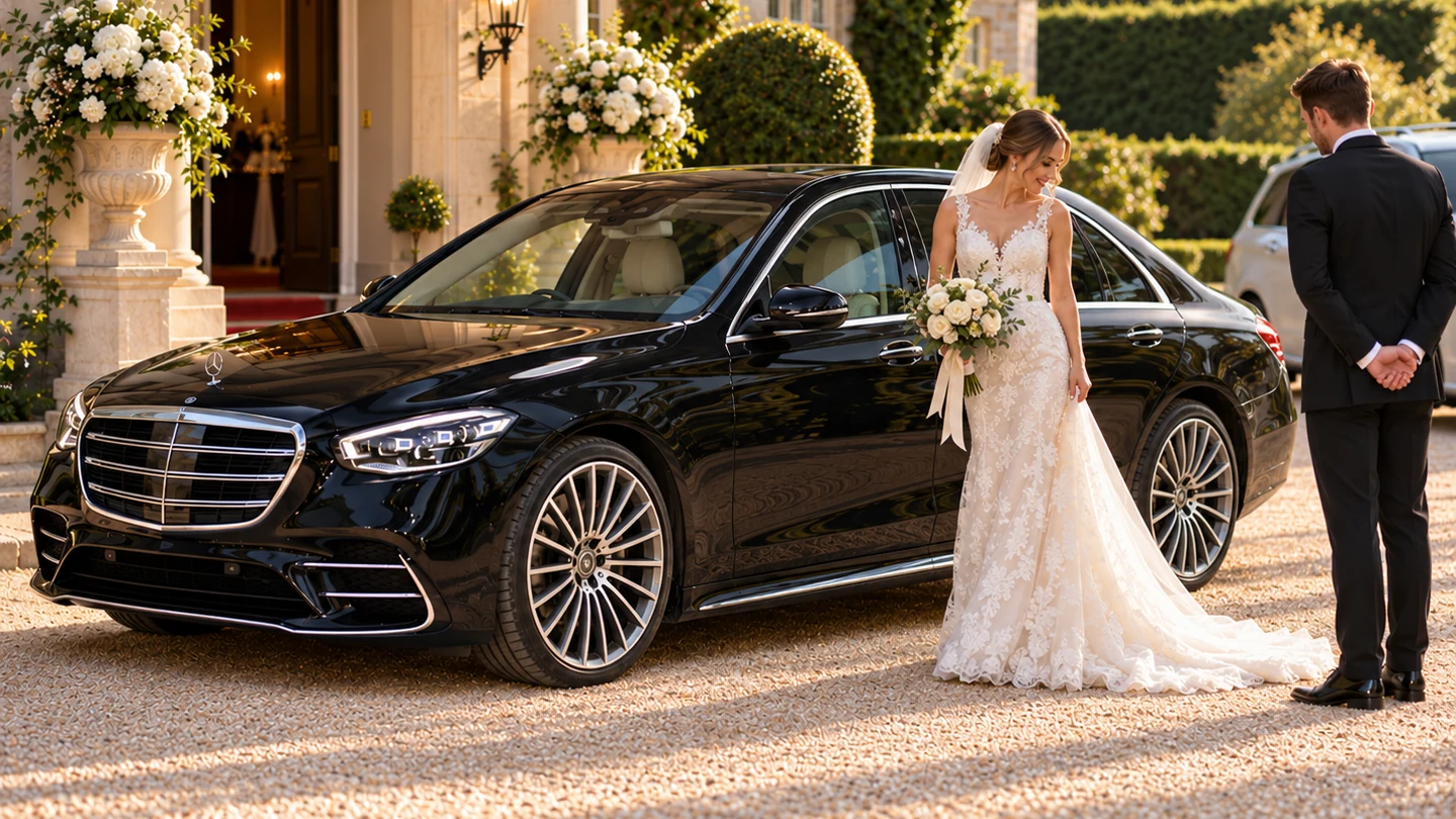 Illustrative wedding arrival with a Mercedes-Benz S-Class