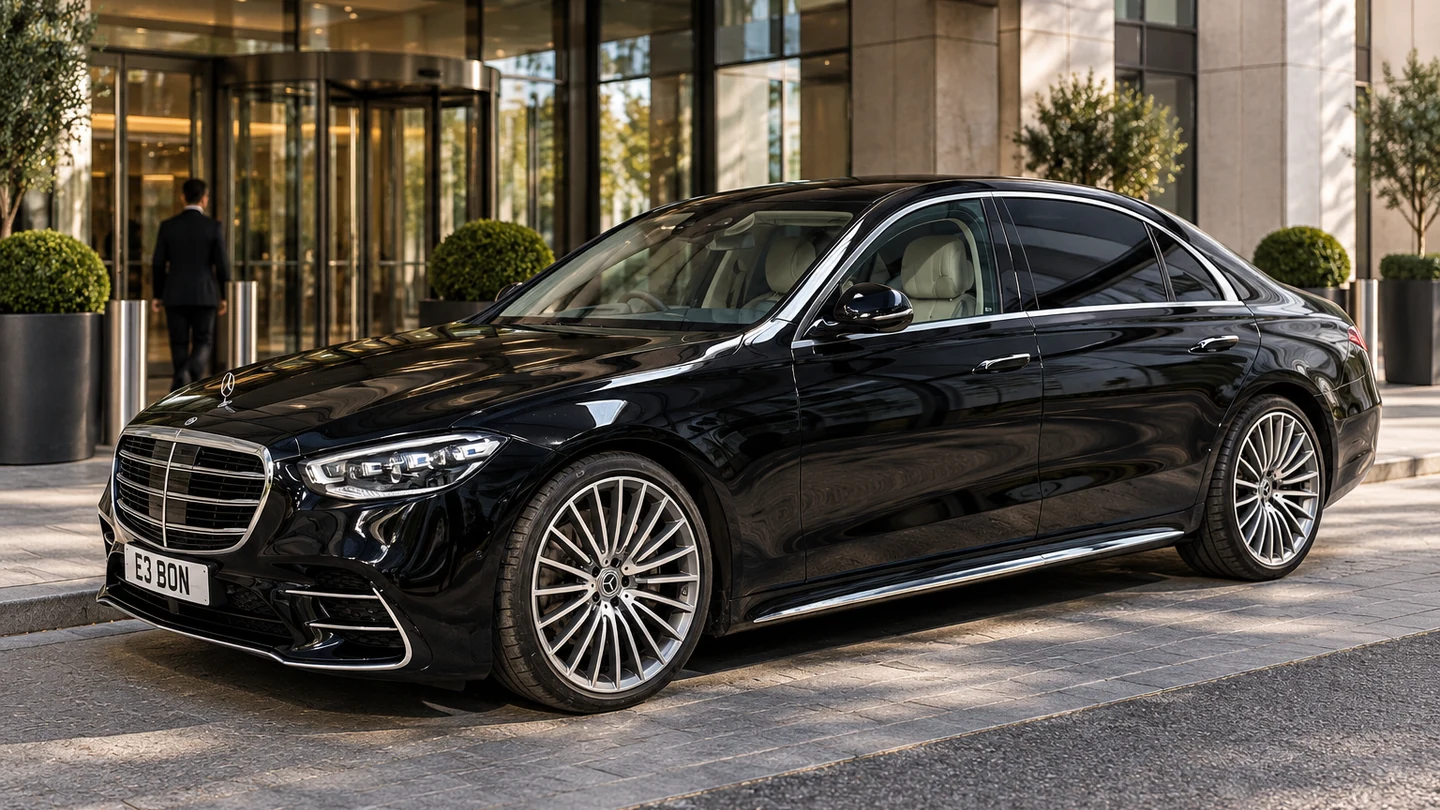 Illustrative Mercedes-Benz S-Class outside a modern entrance