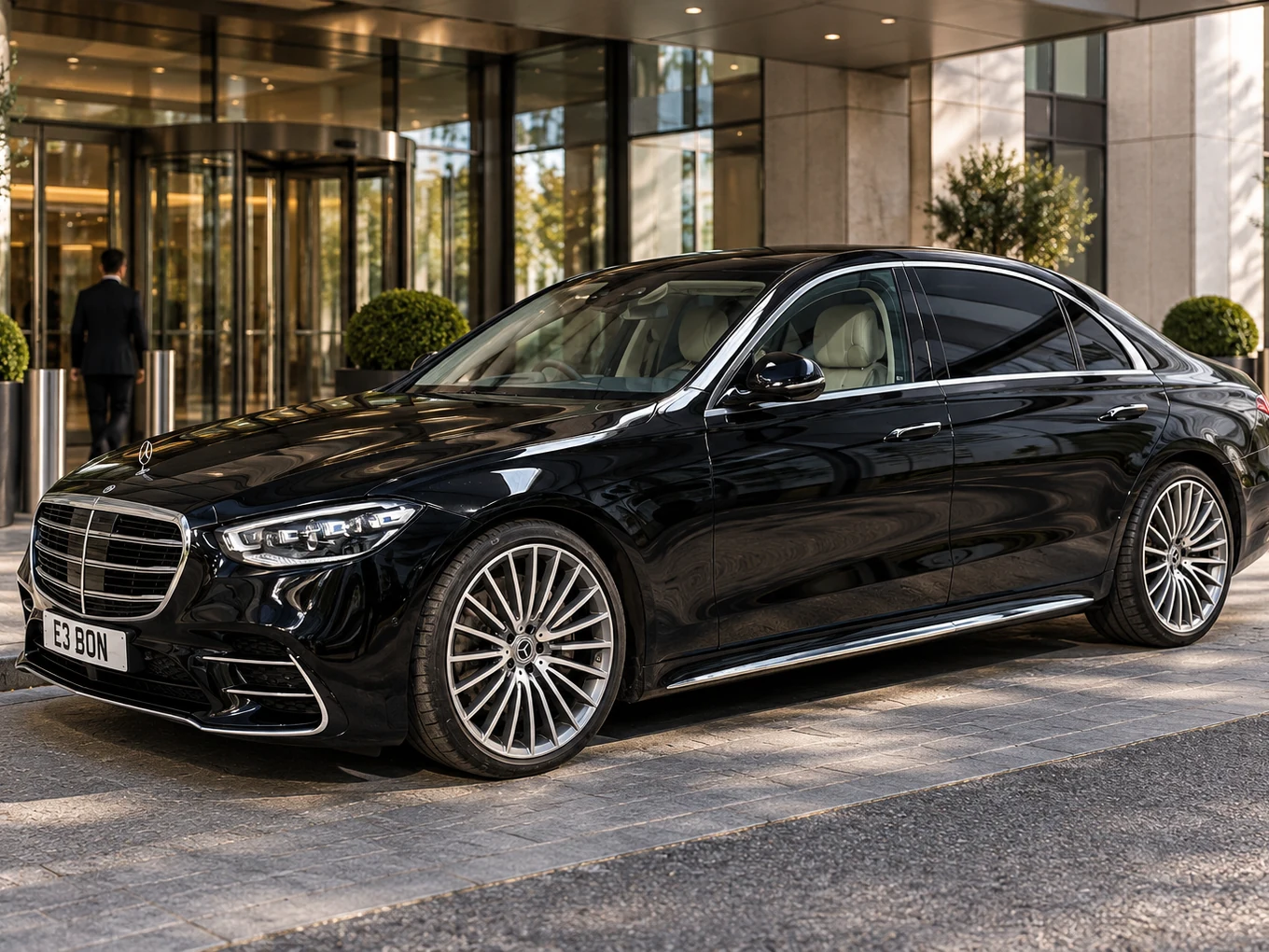 Illustrative Mercedes-Benz S-Class outside a modern entrance