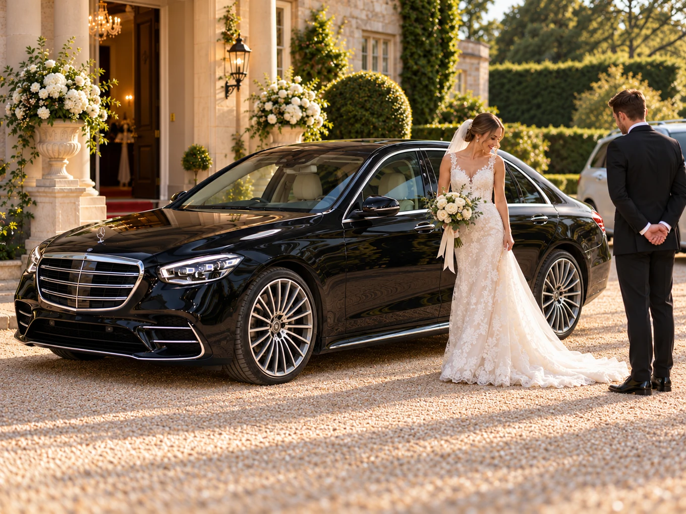 Illustrative wedding arrival with a Mercedes-Benz S-Class