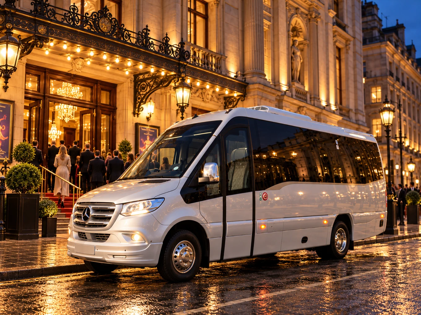 Illustrative Mercedes minicoach outside an unnamed theatre