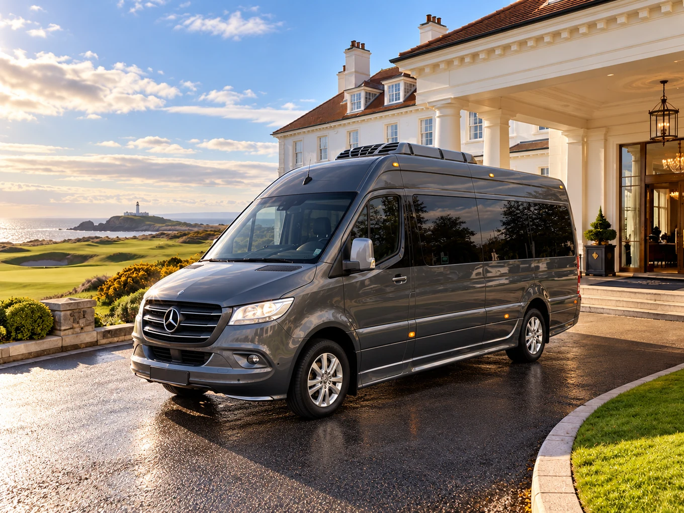 Illustrative Mercedes-Benz Sprinter beside a coastal resort