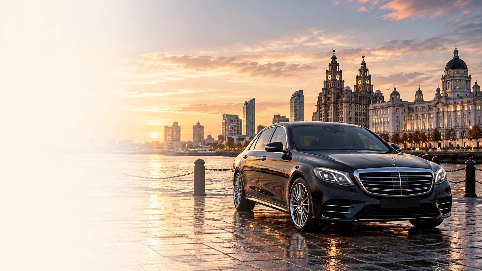 Black Mercedes-Benz S-Class at the Liverpool waterfront